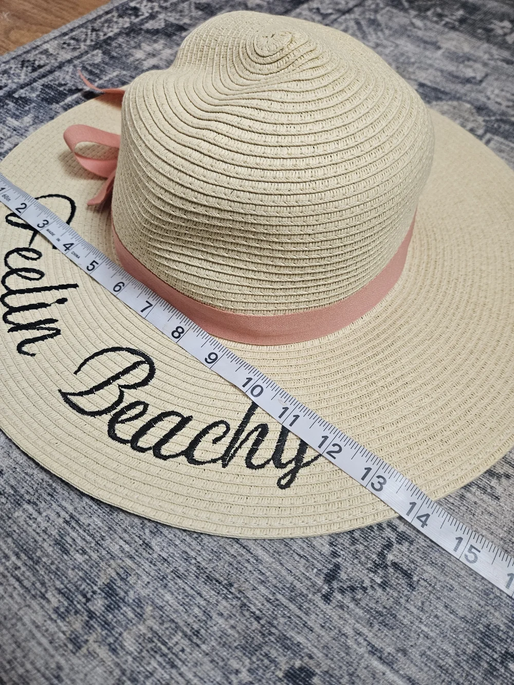 Straw Wide-Brim Sun Hat with Pink Ribbon - Feelin Beachy Script